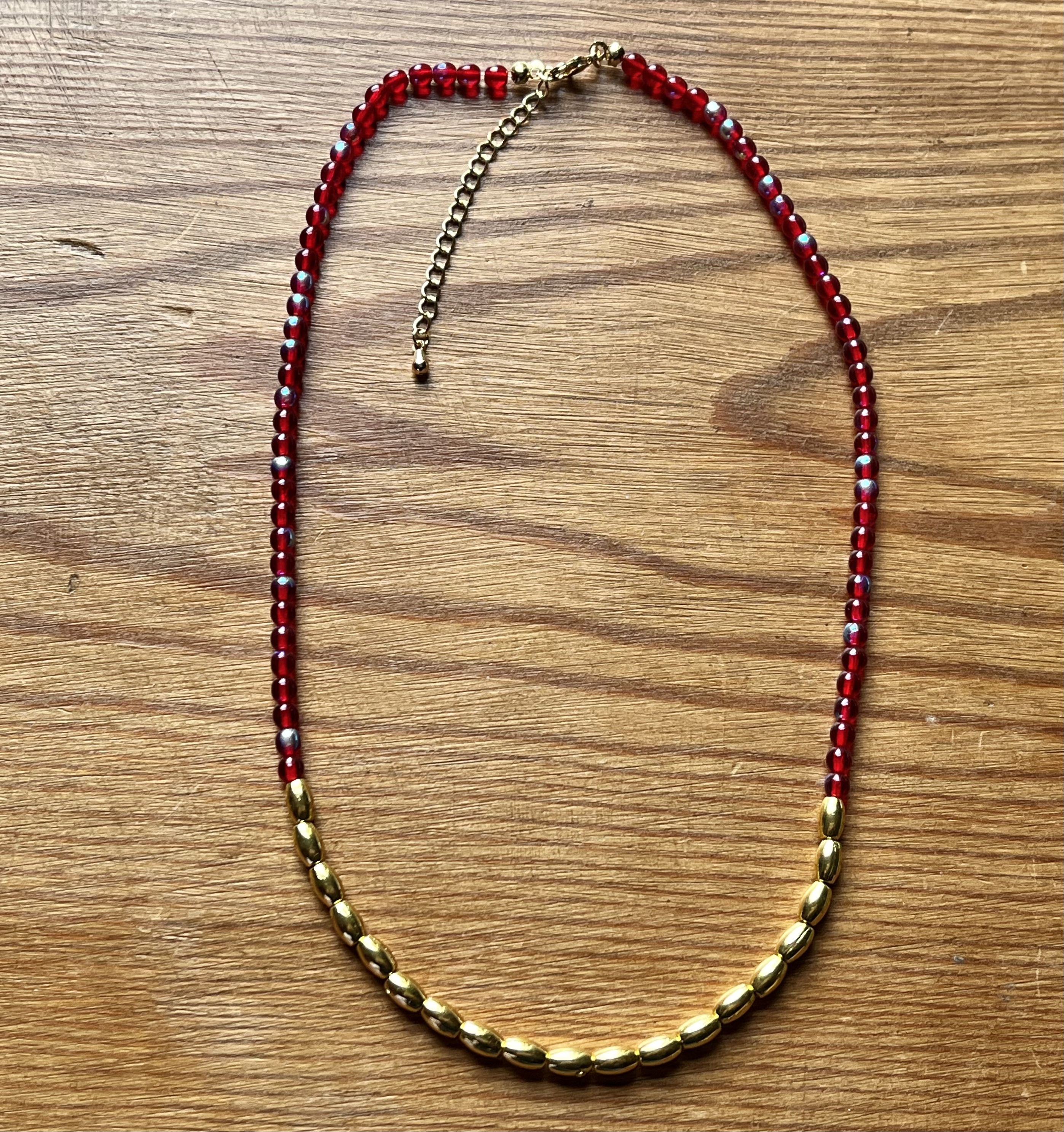 Red glass and gold beaded iridescent shine necklace gift 