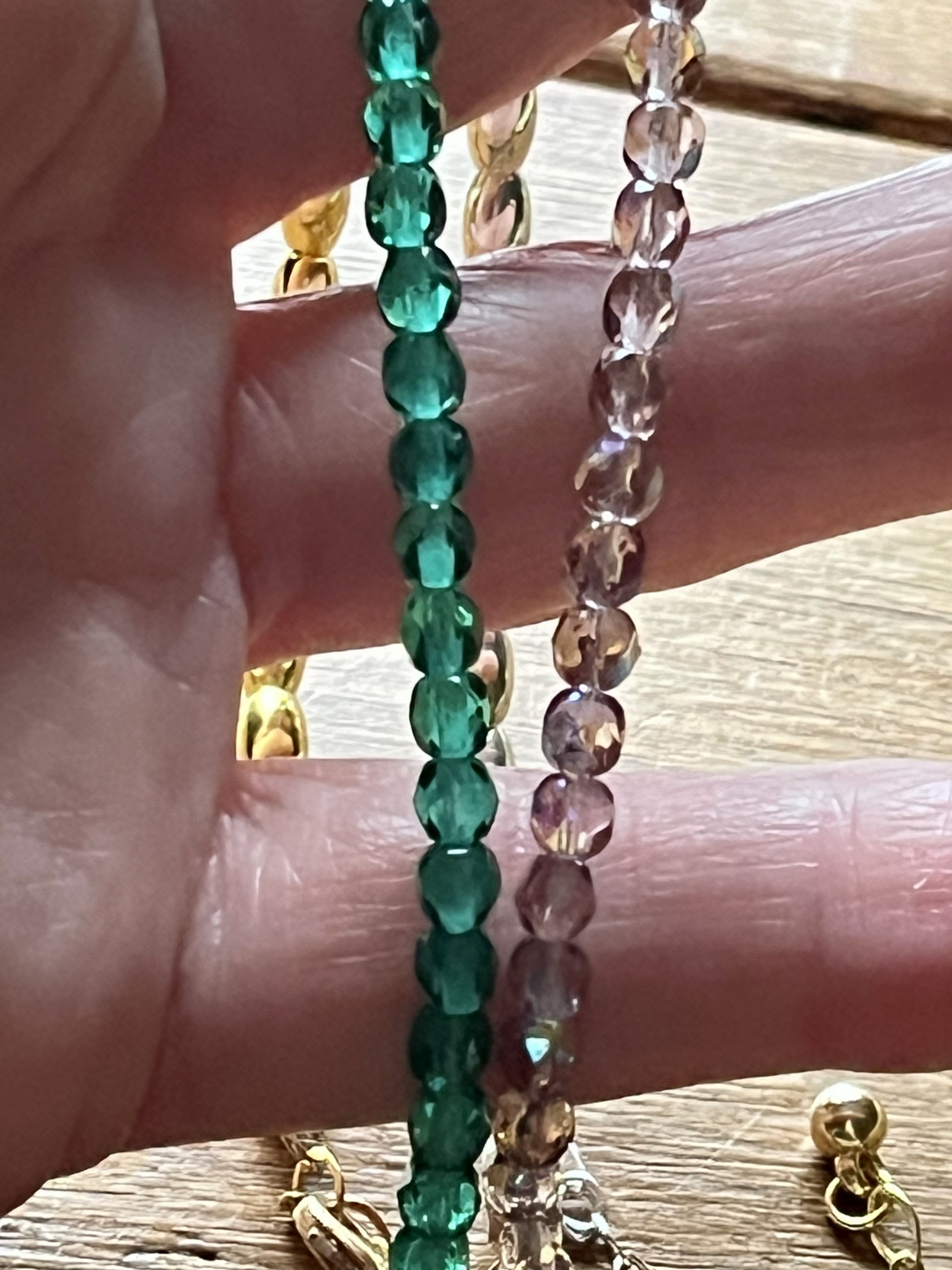 Green and gold glass beaded bracelet gift for her Spring birthday