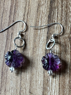 Purple flower fluorite gemstone and crystal silver hoop earrings