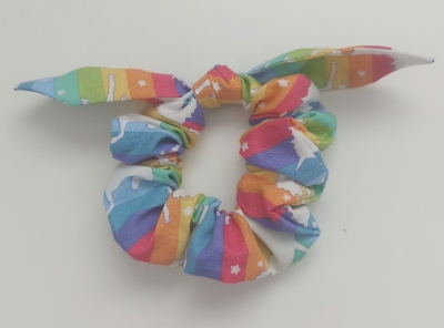 Rainbow Unicorn Bow Scrunchie for Children, Thinner Hair or Half Ponytails in Cotton