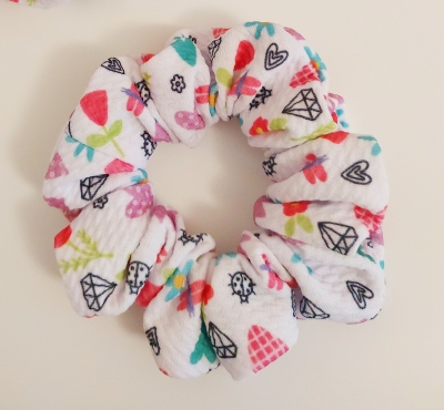 handmade-item handmade-gifts Hearts and Jewels Scrunchie for Girls, Thinner Hair or Half Ponytails in Bullet fabric.