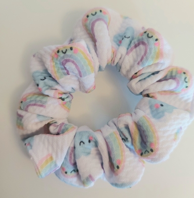 Rainbow Cloud Scrunchie for Girls, Thinner Hair or Half Ponytails in Bullet fabric.