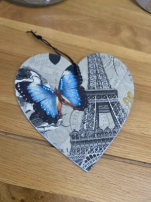 Butterfly / French themed decoupage wooden heart