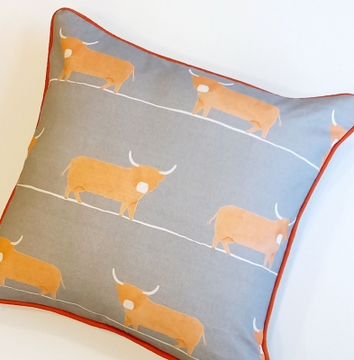 Highland cow cushion, grey with orange piping, great Scottish gift, includes cushion insert