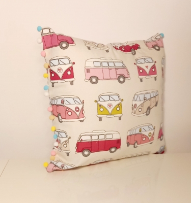 'Arabella' cushion featuring camper van design, pink colourway with pom poms