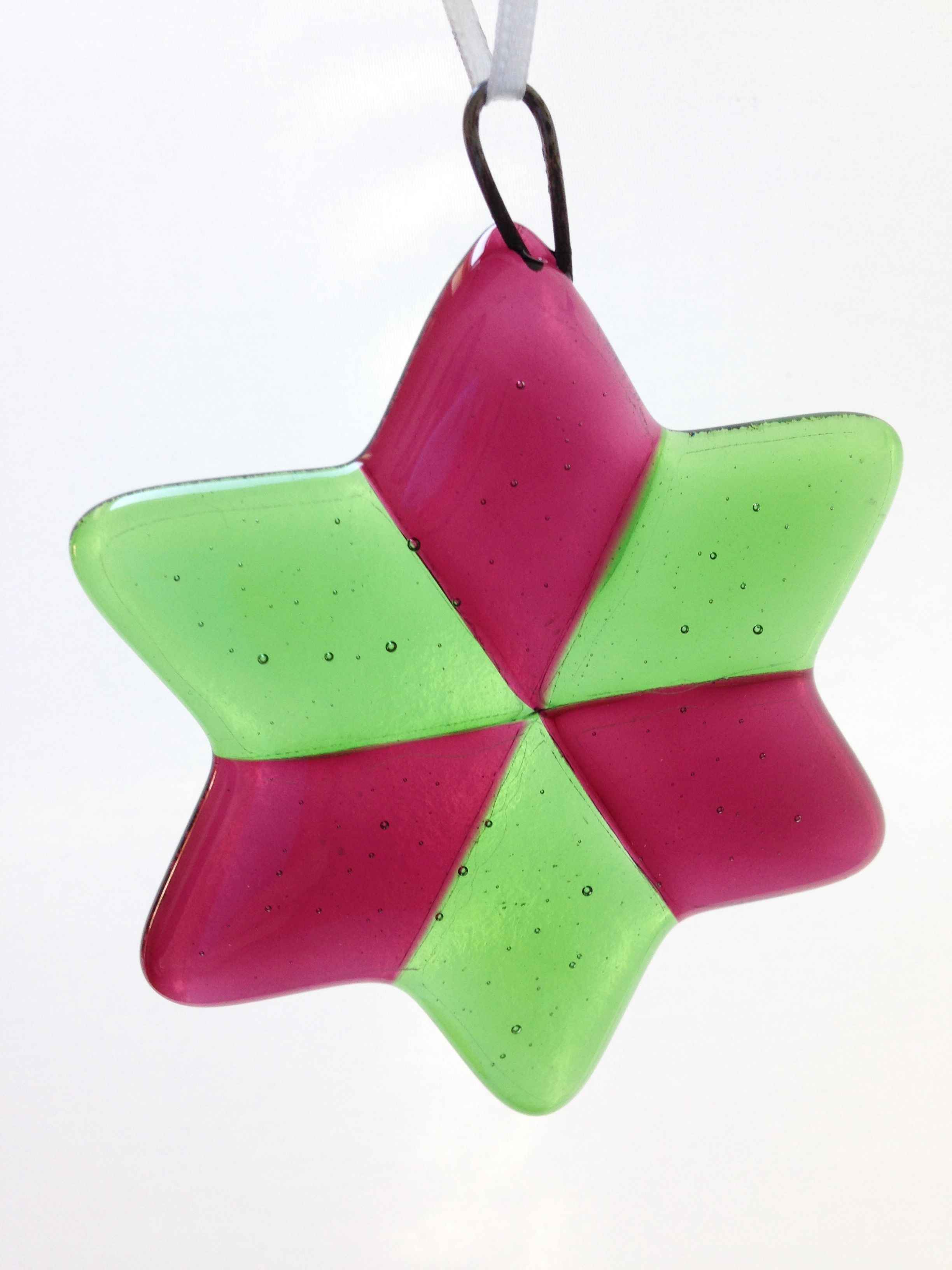 Fused Glass Red & Green Star Hanging Decoration 