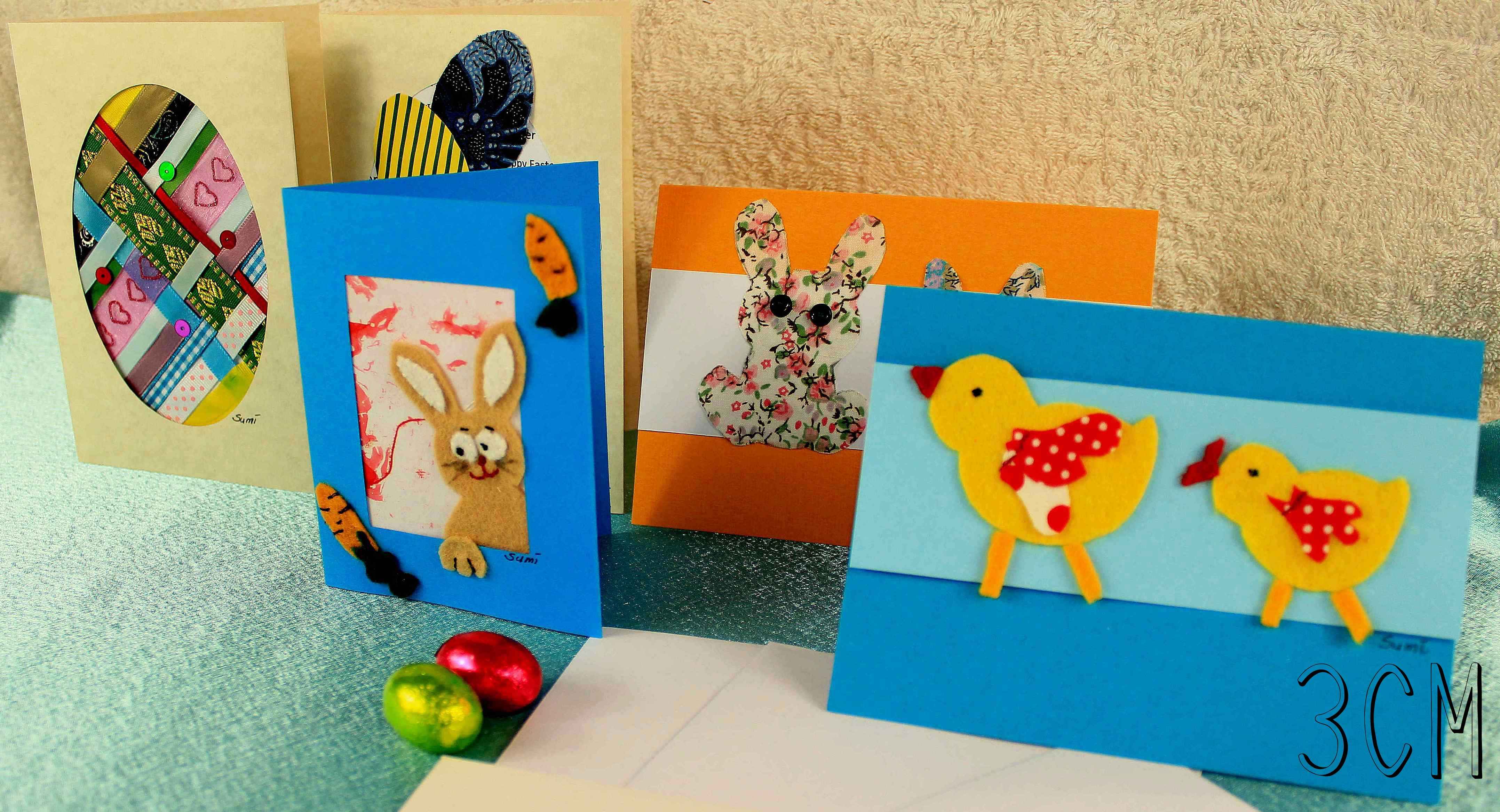 Cute Handmade Easter Card pack with Bunnies, Chicks, and Easter Eggs designed in felt, cross-stitch and paper