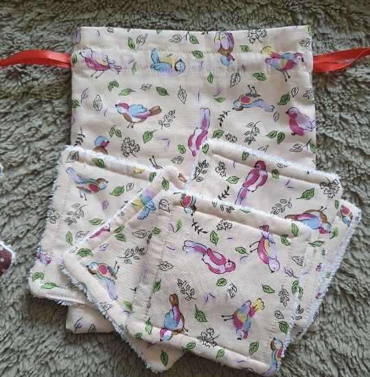 Handmade re usable face wipes with matching drawstring bag 
