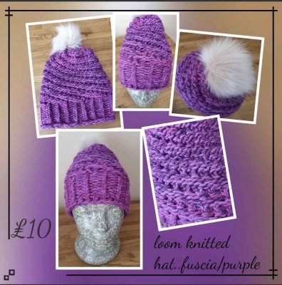 Loom knitted spiral hat..purple/fuscia 
