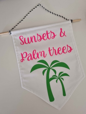 HANDMADE FABRIC WALL HANGING/FLAG - Sunsets & Palm trees - HOME DECOR - GIFT - Summer - outdoors - garden