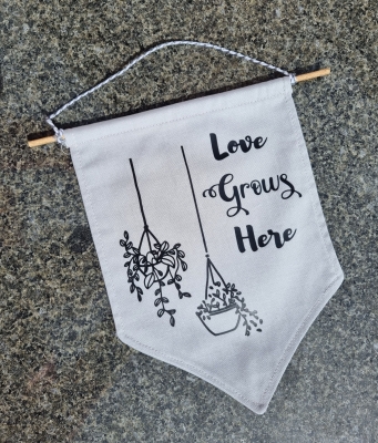 HANDMADE FABRIC WALL HANGING/FLAG - LOVE GROWS HERE - GIFT - HOME DECOR