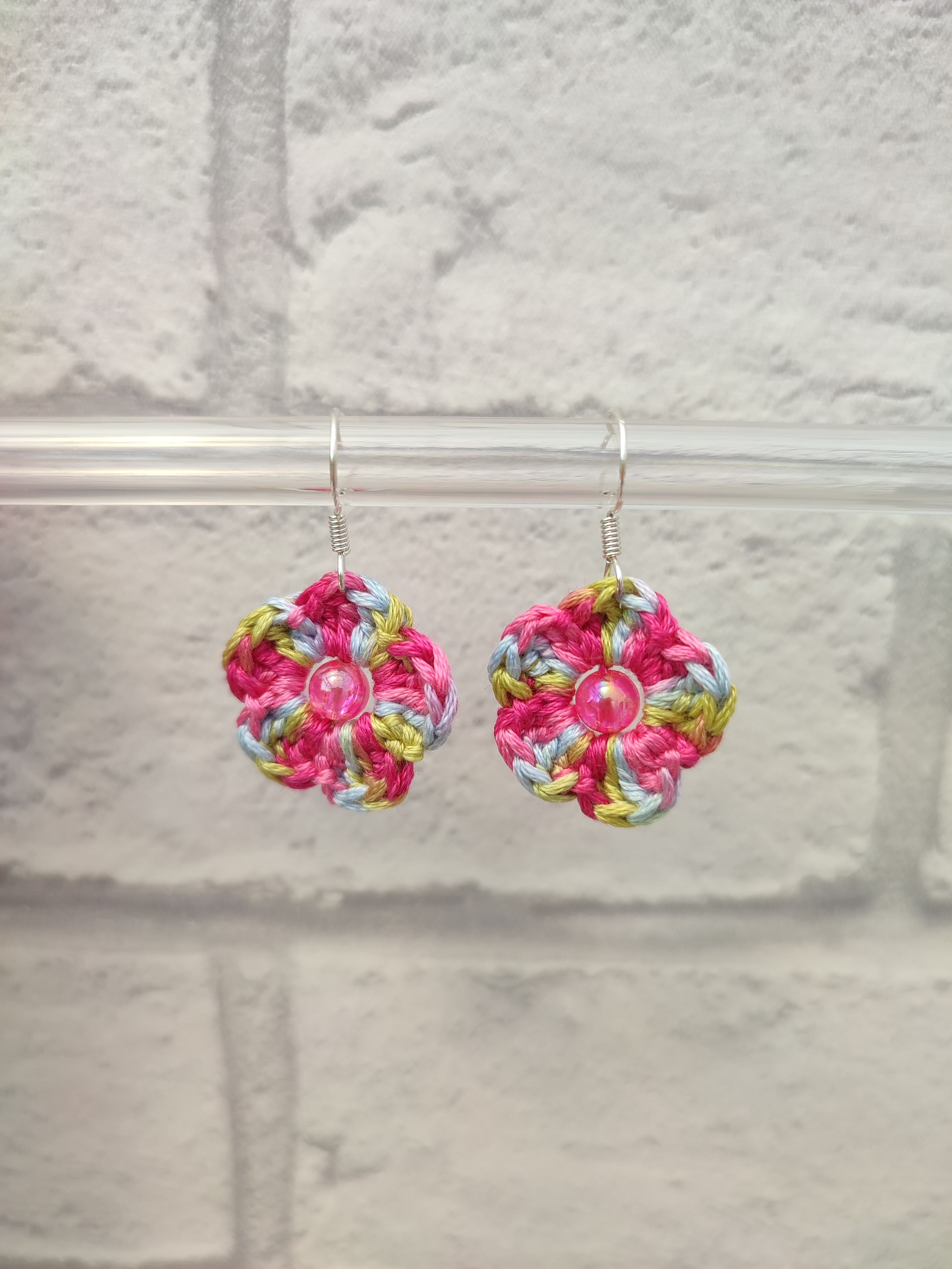 Handmade crochet flower earrings on 925 sterling silver earring hooks
