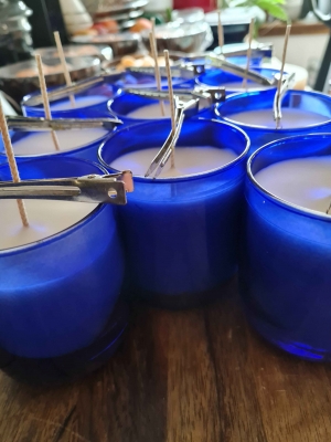 handmade-item handmade-gifts Handmade scented candles in blue glass  jars, Pear and Freesia. 