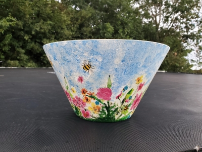 Large Glass Bowl Decorated with decoupage flower display. 