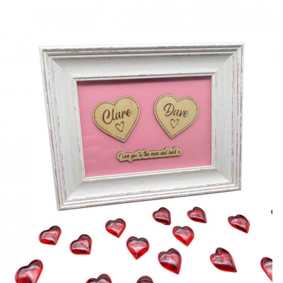 Personalised "Love you to the moon and back" wooden engraved hearts in a frame